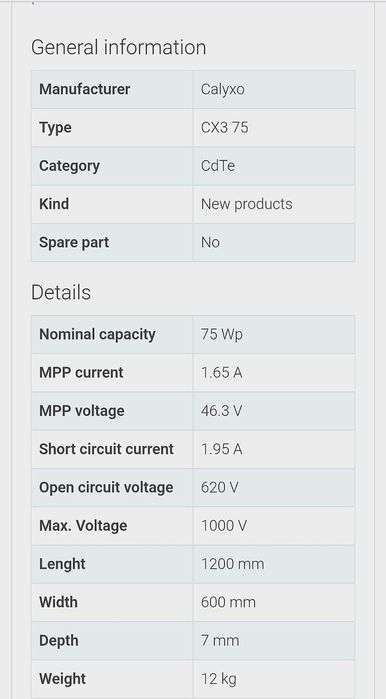 Vând panouri fotovoltaice amorfe Calyxo cx3 75