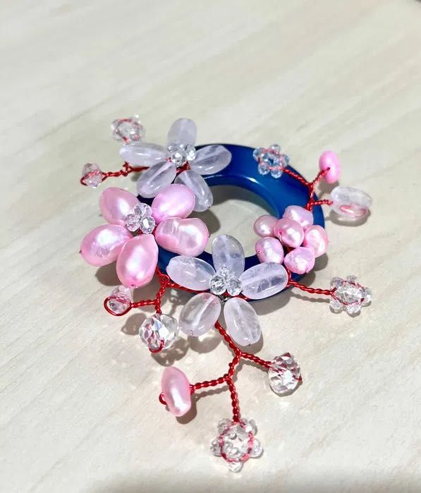 Brosa handmade agat perle de cultura, cuart roz