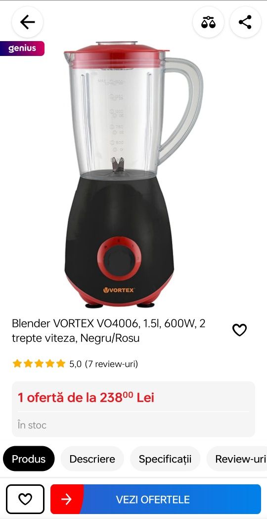 Blender VORTEX VO4006, 1.5l, 600W, 2 trepte viteza, Negru/Rosu ca NOU