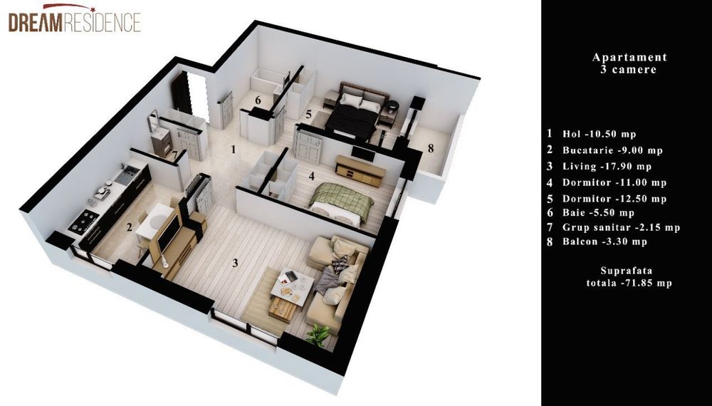 Apartament 3 camere, 72 mp