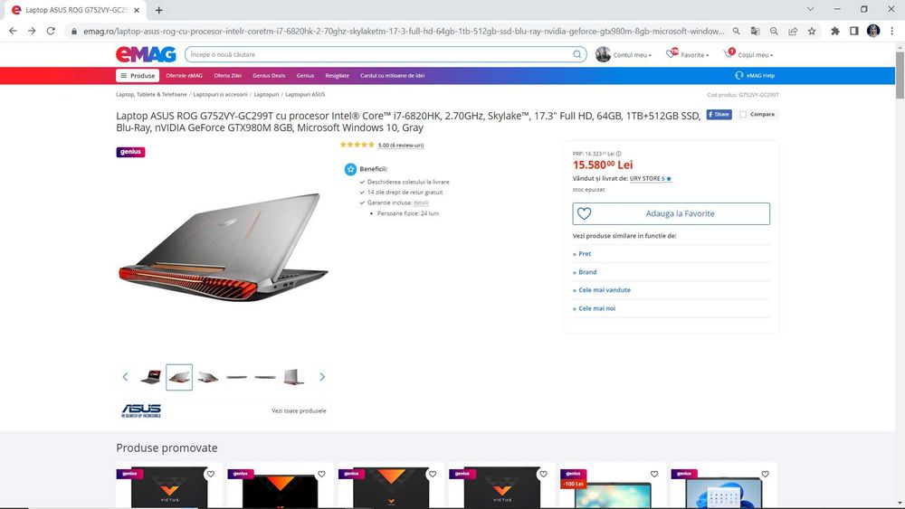 laptop gaming Asus Rog Strix, intel core i7- video 8 gb ,  17,3 inch