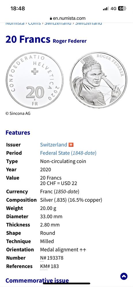 Сребърна монета Роджър Федерер 20 франка