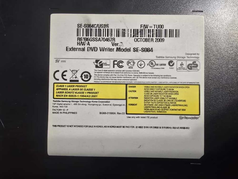 DVD Writer Samsung USB 2.0 SE-S084C/USBS, DVD+RW & CD-R DVD Writer