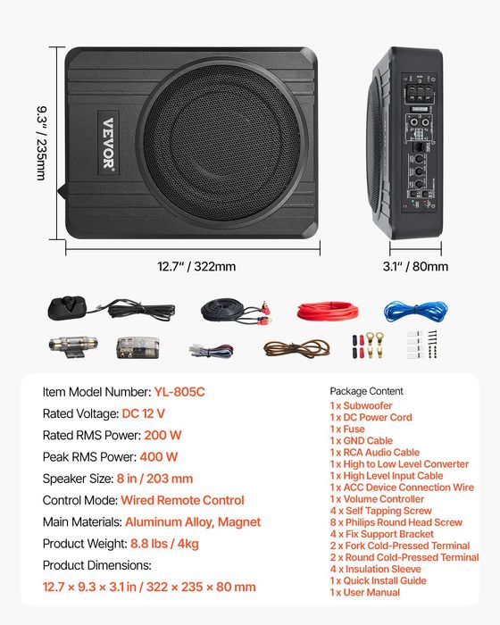 Subwoofer Auto Slim 400W,203mm,Amplificator Integrat