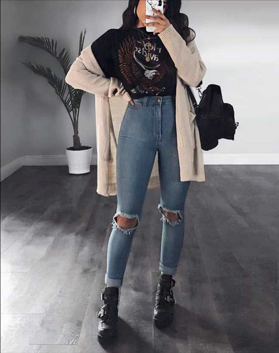 Blugi rupti bleu si albi  talie înaltă