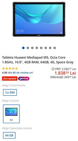 Tableta Huawei Mediapad M5, Octa Core 1.8GHz, 10.8", 4GB RAM, 64GB, 4G
