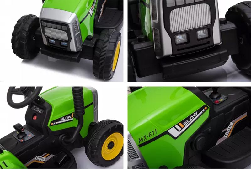 Tractor electric pentru copii BJ611 70W 12V cu Remorca inclusa #Verde