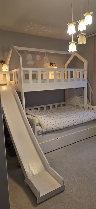 Pat supraetajat cu tobogan + depozitare + saltele | Lemn masiv