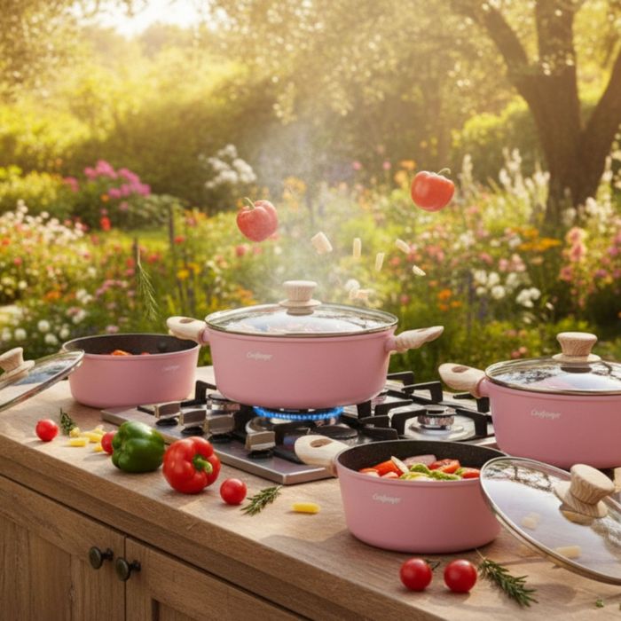 Cheffinger - Розов комплект тенджери, с мраморно покритие, здравословн