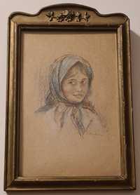 Картина протрет на младо момиче, цветен молив 1910-20г.