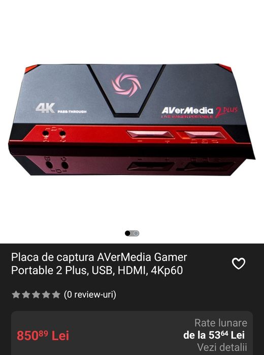 Vând placa de captura AVerMedia Gamer Portable 2 Plus