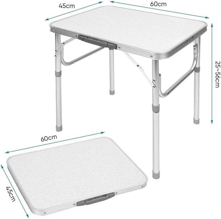Masa pliabila, 60x45x56 cm, aluminiu, usoara, alb si argintiu