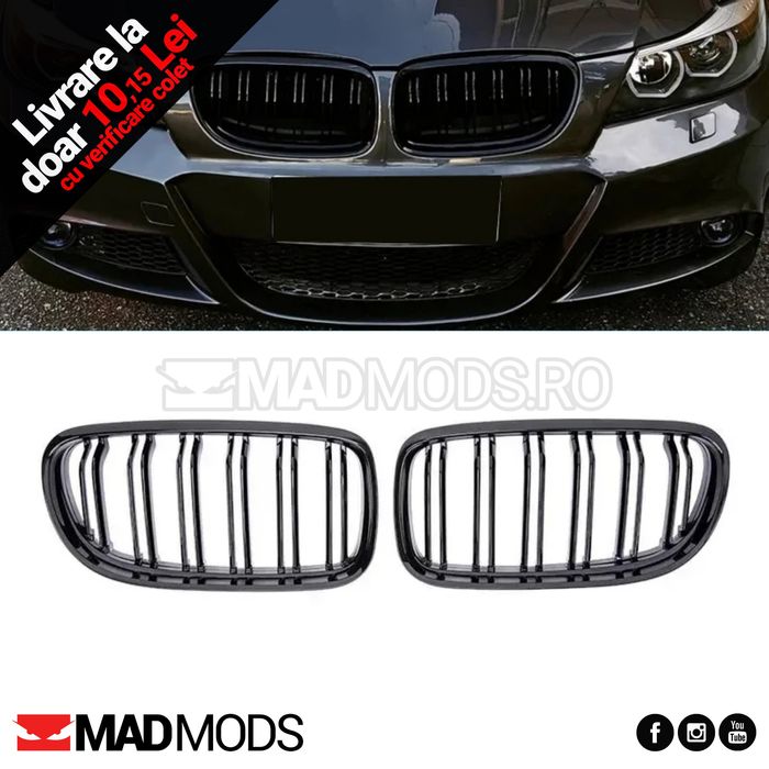 Set grile duble M BMW Seria 3 E90 / E91 LCI FL Facelift, Negru lucios