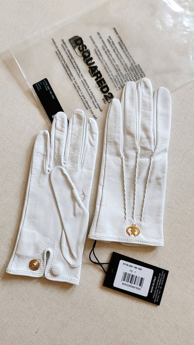 DSQUARED2 бели кожени ръкавици XS/S/7 елегантни златисто лого напа кож