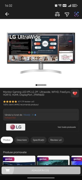 Monitor Gaming LED IPS LG 29", Ultrawide, WFHD, FreeSync, HDR10, HDMI,