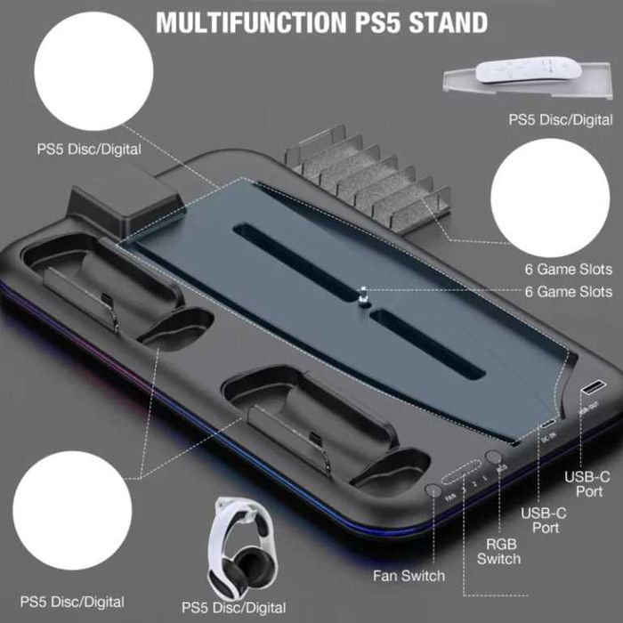 Охлаждаща стойка за Playstation 5 RGB с докинг станция за зареждане