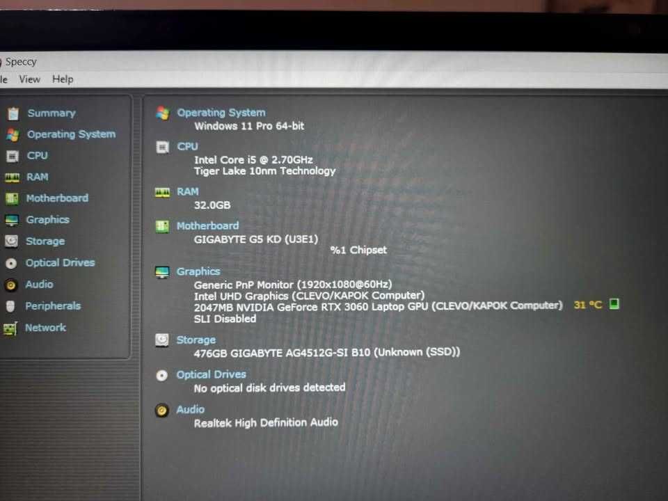 Laptop gaming Gigabyte I5 gen11, 32 GB RAM,500Gb SSD,RTX 3060