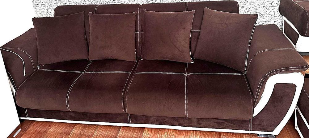 Set Canapea Princess + 2 Fotolii + 2 Tabureți alb - maro (extensibile)