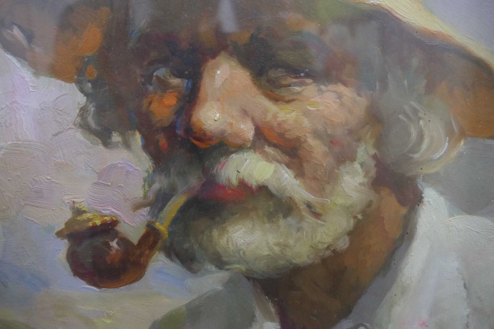 Samuel Bogdanovici Batran cu Pipa Semnat - Rama lemn + Sticla 60/40cm