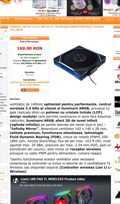 Ventilator 140 mm Lian Li UNI Fan TL 140 Wireless ARGB PWM Black