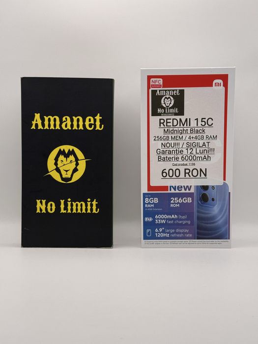 Redmi 15C Black 256GB Nou Sigilat Garantie 12 Luni , AMANET NO LIMIT.