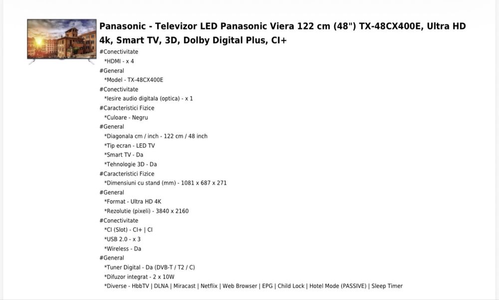 Vand televizor Panasonic Viera 122 cm