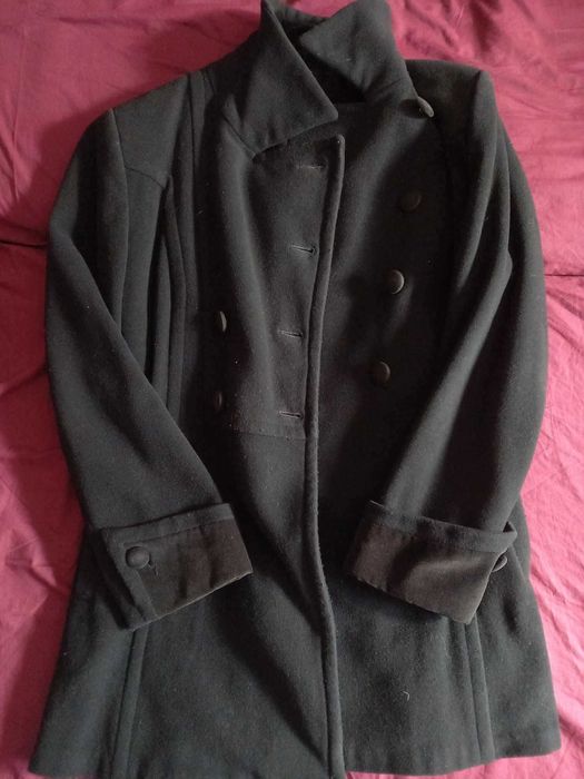 palton dama din lana negru trei sferturi marime 48, L merge si XL