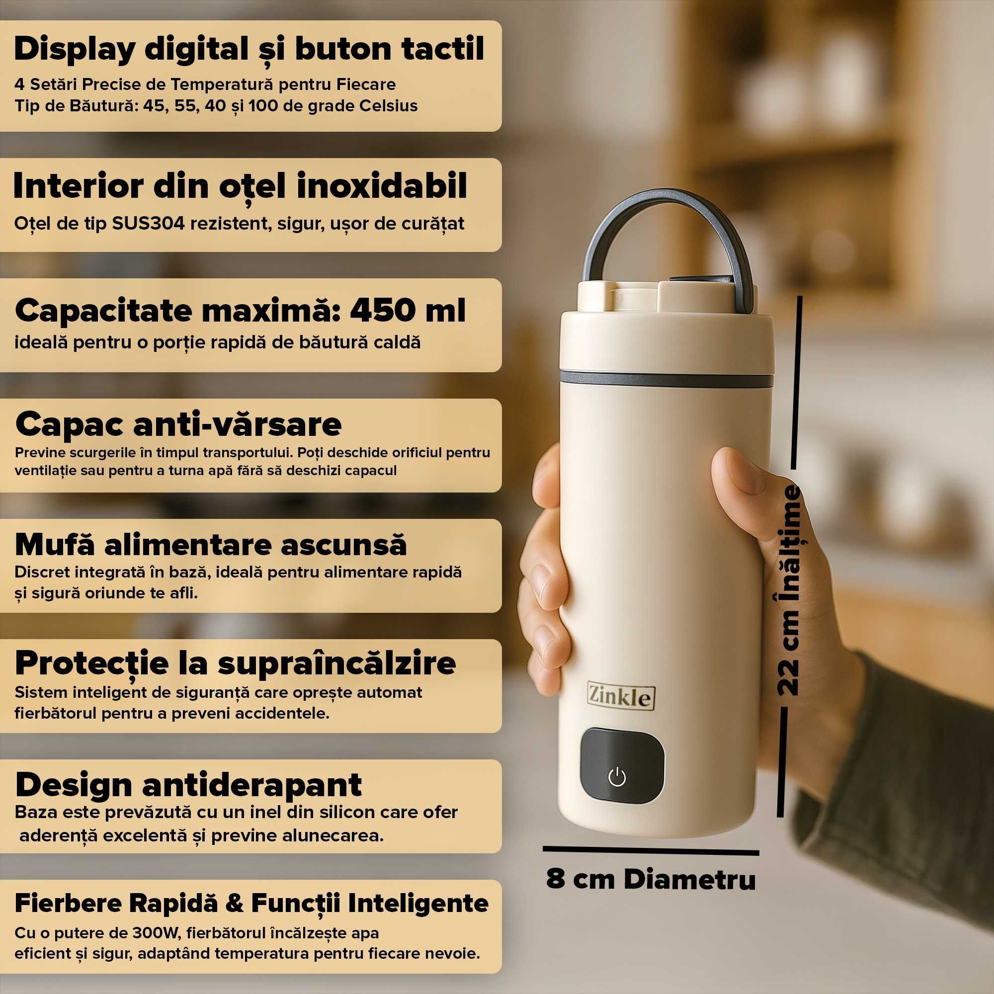 Fierbător Electric Portabil 450ml – Control Temperatură, Infuzor Cadou