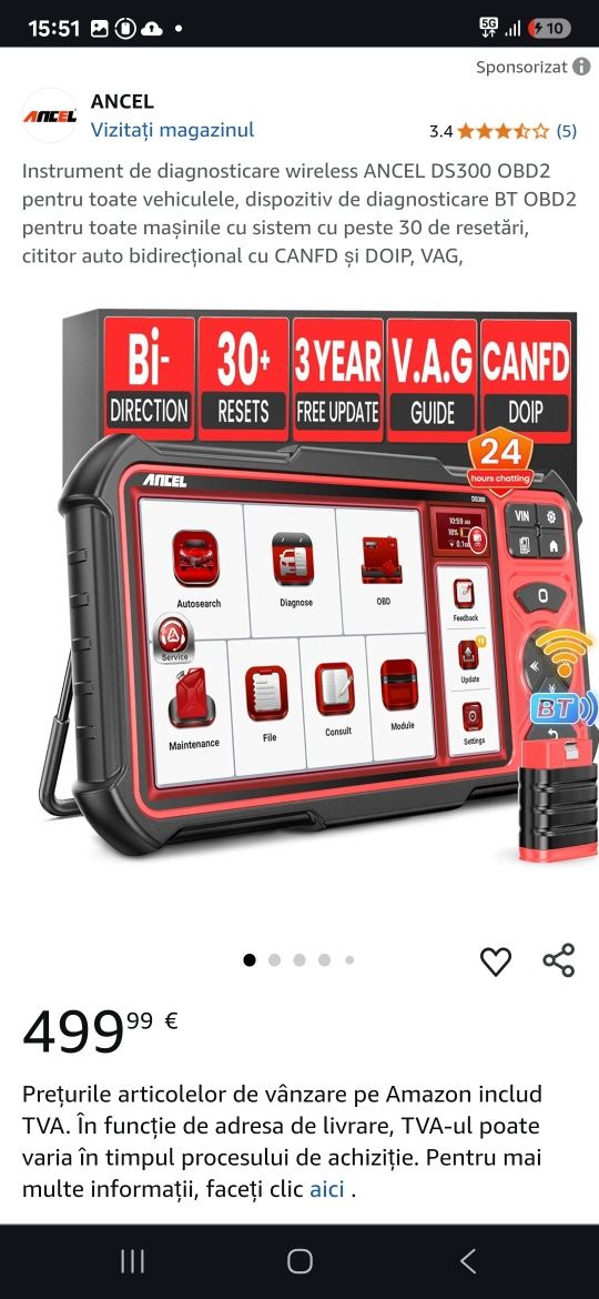Instrument de diagnosticare wireless ANCEL DS300 OBD2 pentru toate veh