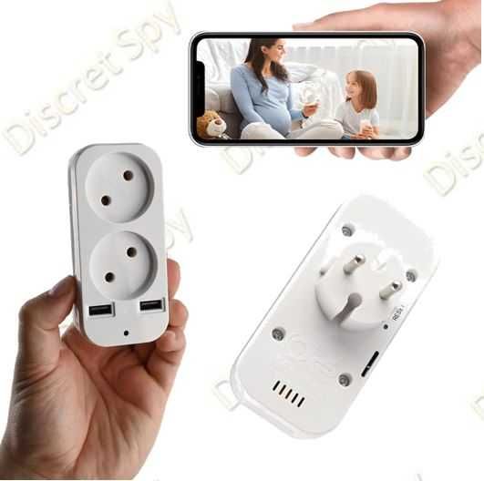 Cameră spion Wi-Fi 1080p ascunsă în adaptor de priză dublu cu USB 
.