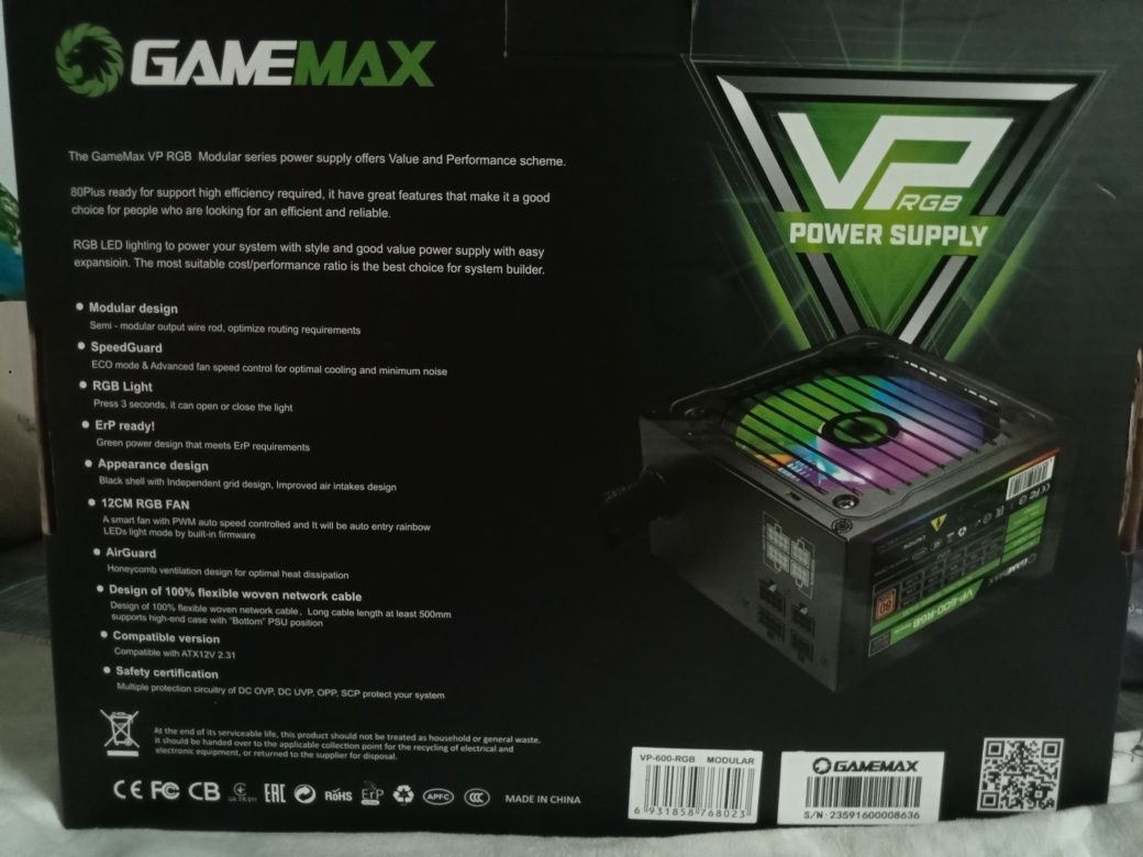 Блок питания RGB GAMEMAX VP600W модульный