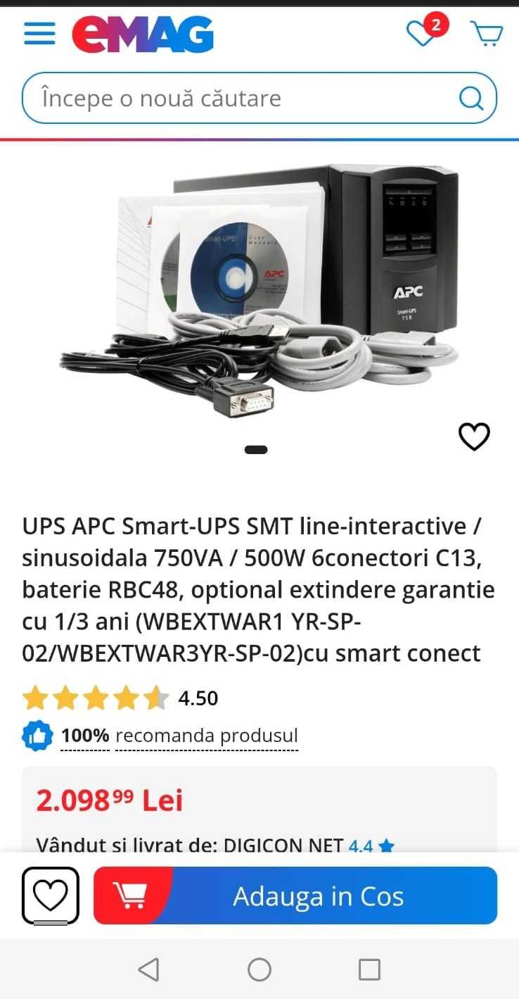 Vând PS APC Smart 750VA/500W line interactive - NOU