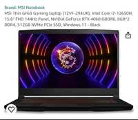 Laptop Gaming MSI intel i7 12650h , rtx4060, 8gb