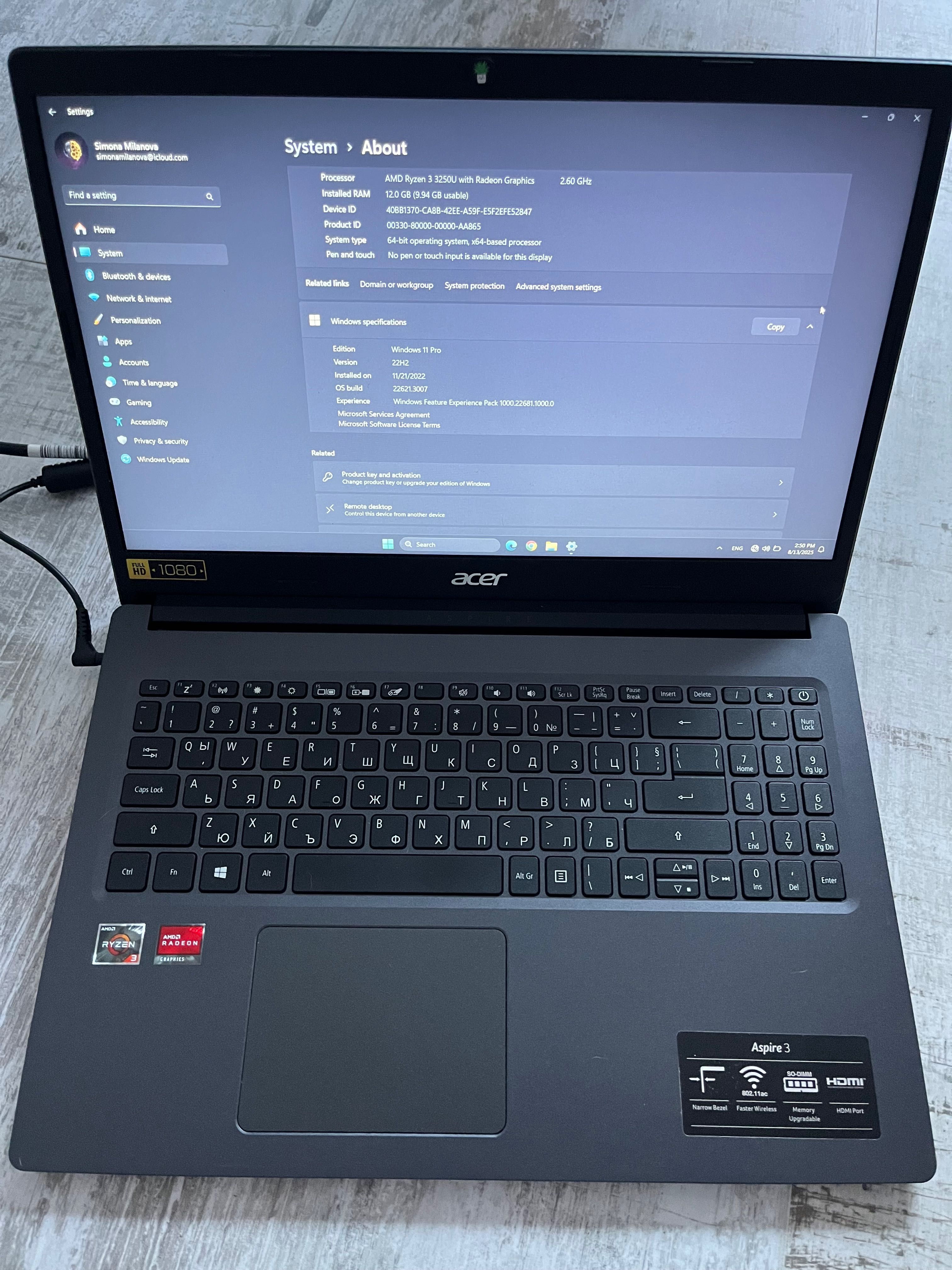 Acer лаптоп – AMD Ryzen 3, 12GB RAM, SSD, Windows 11 Pro