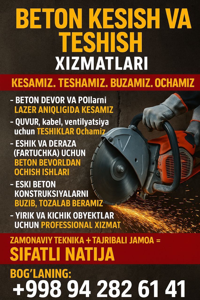 Beton kesish Eshik deraza fortichka ochish xizmatllari