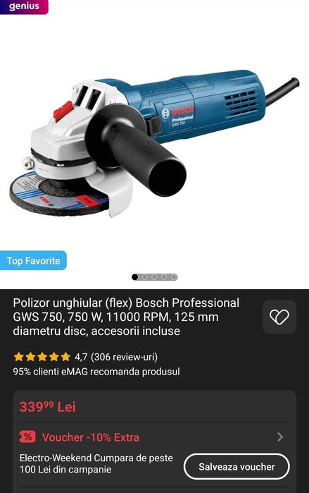 Polizor unghiular / flex Bosch Professional 750 W, 11000 RPM, 125, NOU