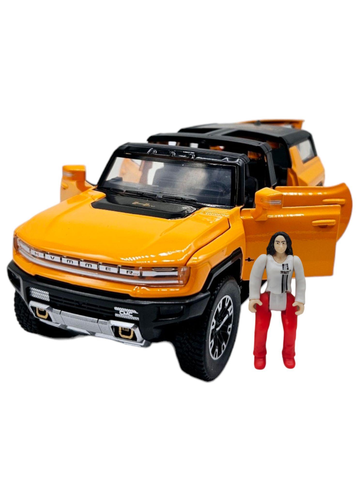 Masina metalica Hummer EV cu figurina,Sunete si lumini 16cm,Portocaliu