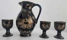 Set cana + trei pahare din ceramica decorate manual cu aur 24K.