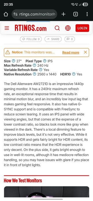 Monitor gaming Dell Alienware aw2721df 2k 240hz