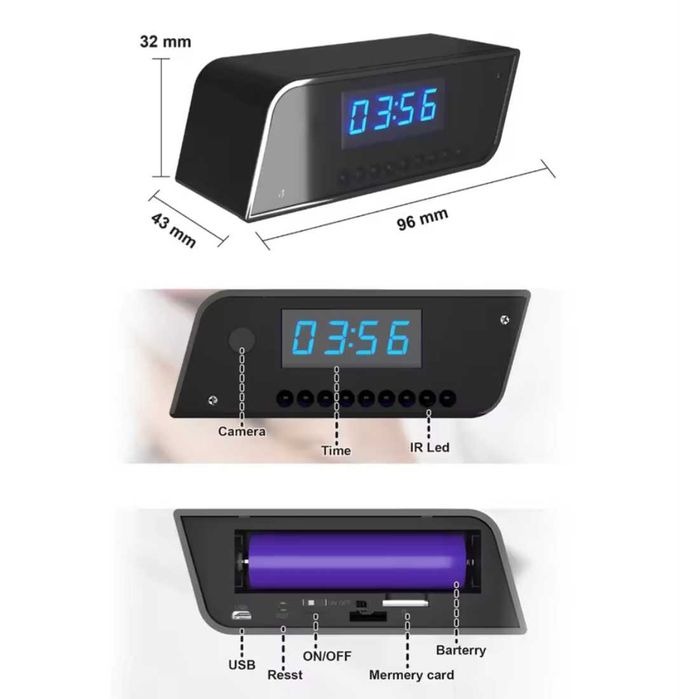 Camera Spion Wi-Fi Ascunsa in Ceas de Birou,Ful HD,Card 64 Gb,baterie