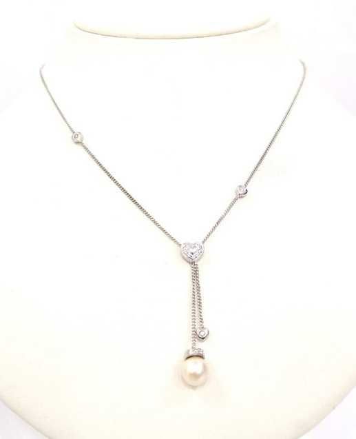 Colier/lant aur alb 18k cu pandantiv perla si diamante Nou