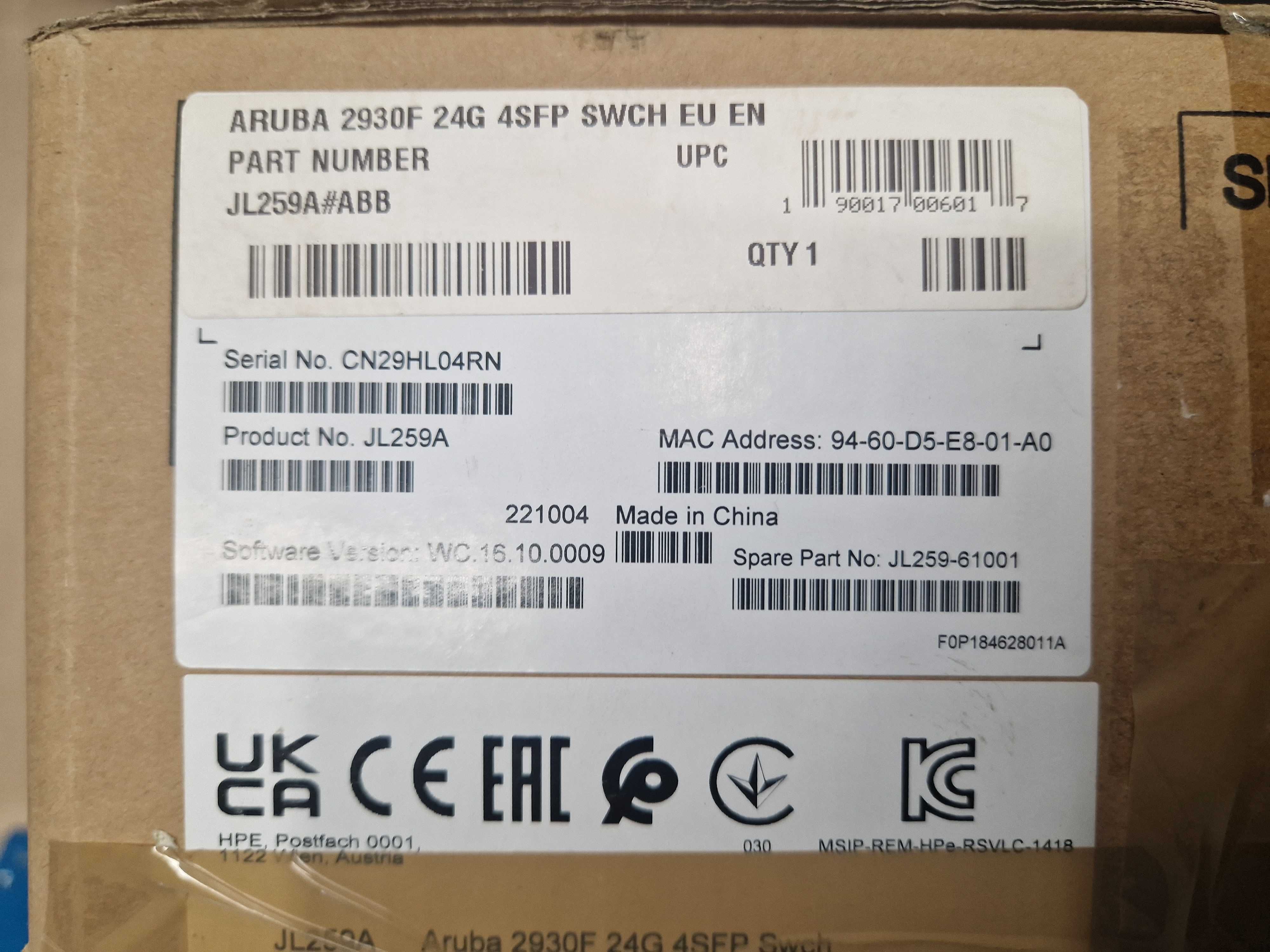 Суич Aruba 2930F 24G 4SFP L3 Gigabit Ethernet (10/100/1000) 1U