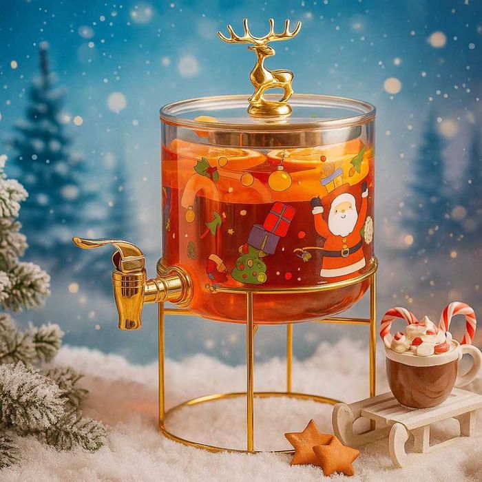 Стъклен диспенсър за напитки 2.6 L с коледен дизайн и златиста стойка