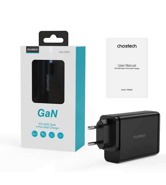 Зарядно GaN Choetech 140W с 4 порта- 2 x USB C, 2 x USB