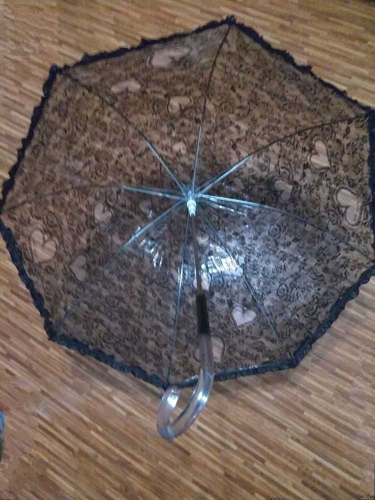 Прозрачный женский зонт-трость полуавтомат с кружевом
