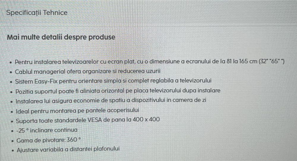 Suport TV de plafon Hama 118655 81-165cm (32”-65’’) NOU!