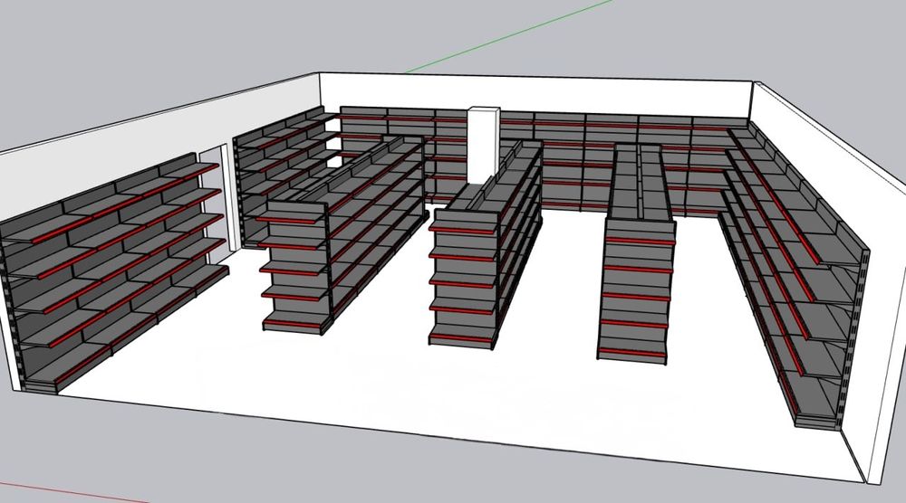 Savdo tokchalari, Vitrina prilavkalar, oq qora polkalar dokonga