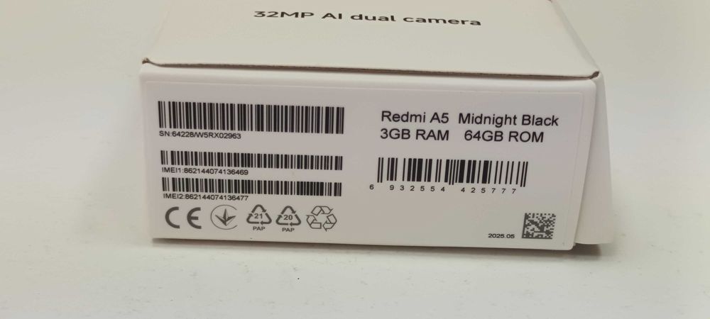 Чисто нов смартфон Xiaomi Redmi A5 Midnight Black черен 3GB 64GB
