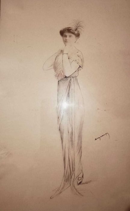 Tablou vechi desen in creion, portret dama, rama antica 1926