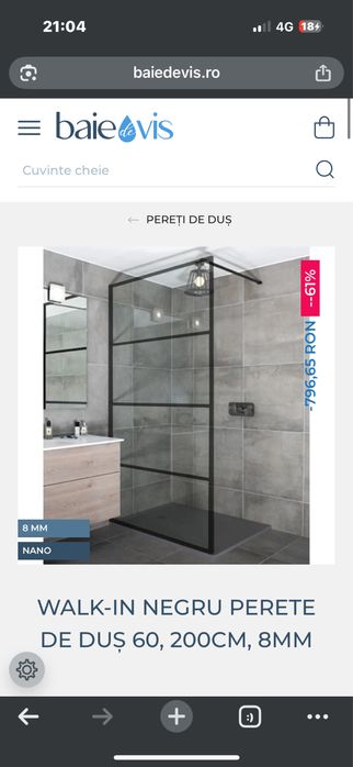 Walk in perete duş  200×60 cm – profil negru – URGENT